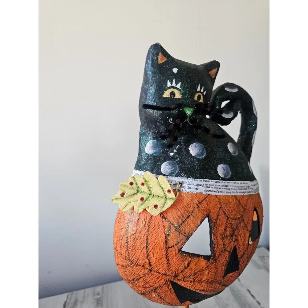 Halloween shabby chic cat pumpkin face mask hanging unique‎ paper mache decor